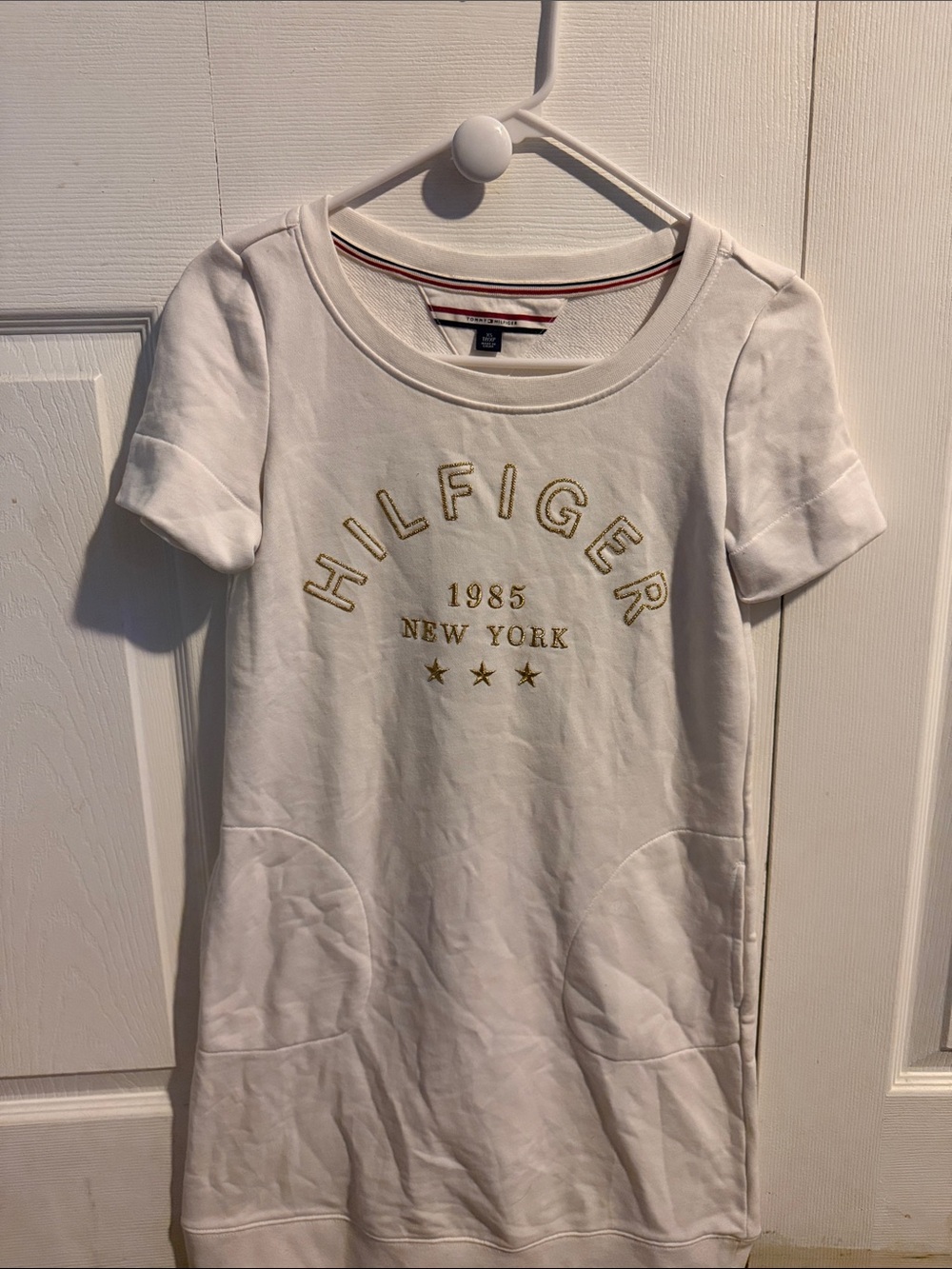 Tommy Hilfiger White Short Sleeve Sweatshirt Dress with Gold Embroidery
